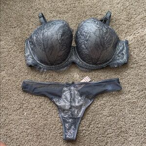Victoria's Secret Metallic Silver Lace Push-Up Bra & Thong Set
